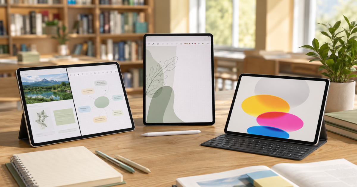 Três dos melhores tablets para estudar em 2026, com caneta e teclado, sobre uma mesa de biblioteca.