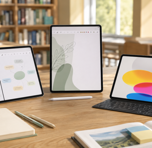 Três dos melhores tablets para estudar em 2026, com caneta e teclado, sobre uma mesa de biblioteca.