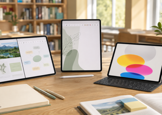 Três dos melhores tablets para estudar em 2026, com caneta e teclado, sobre uma mesa de biblioteca.