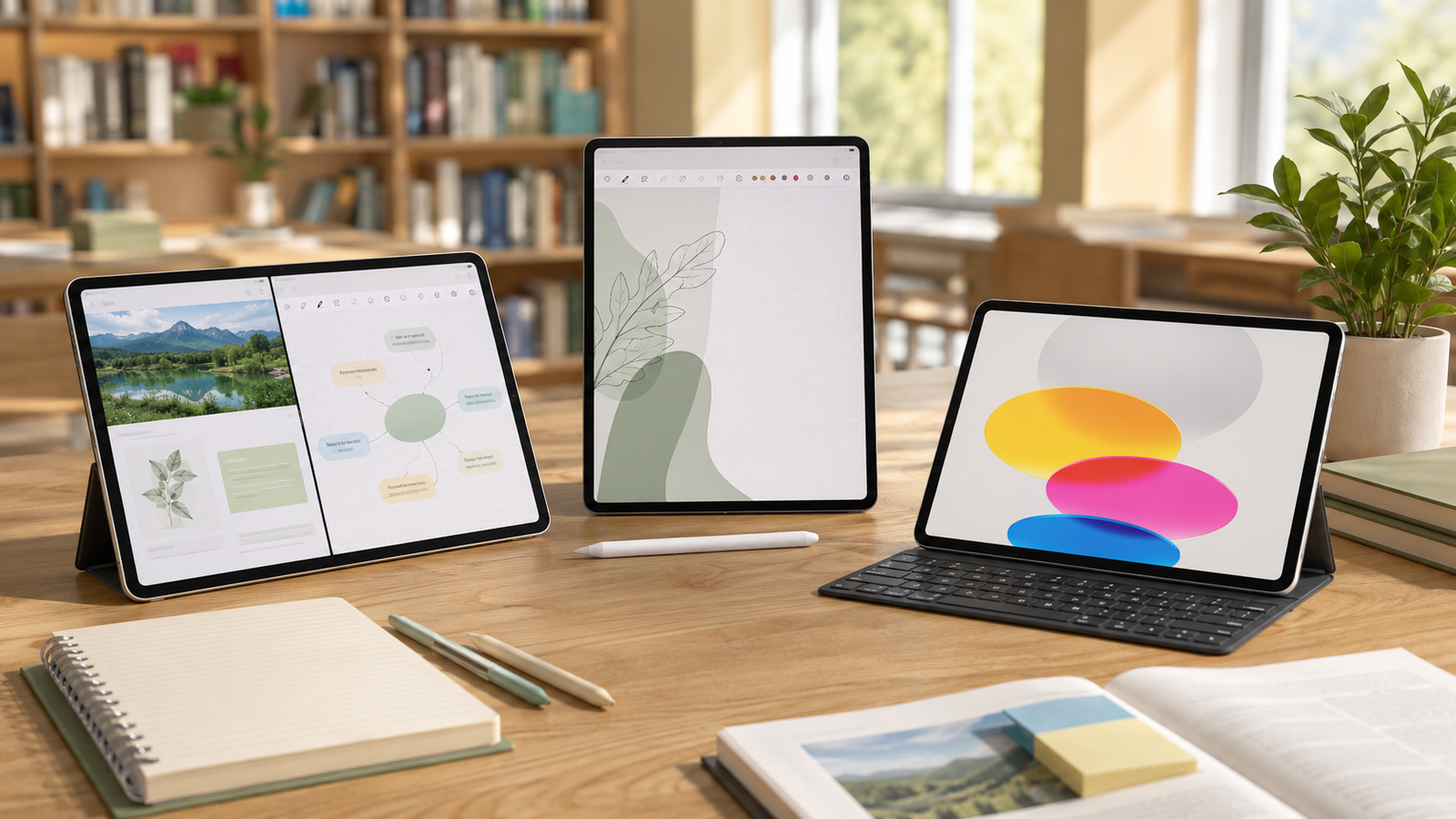 Três dos melhores tablets para estudar em 2026, com caneta e teclado, sobre uma mesa de biblioteca.