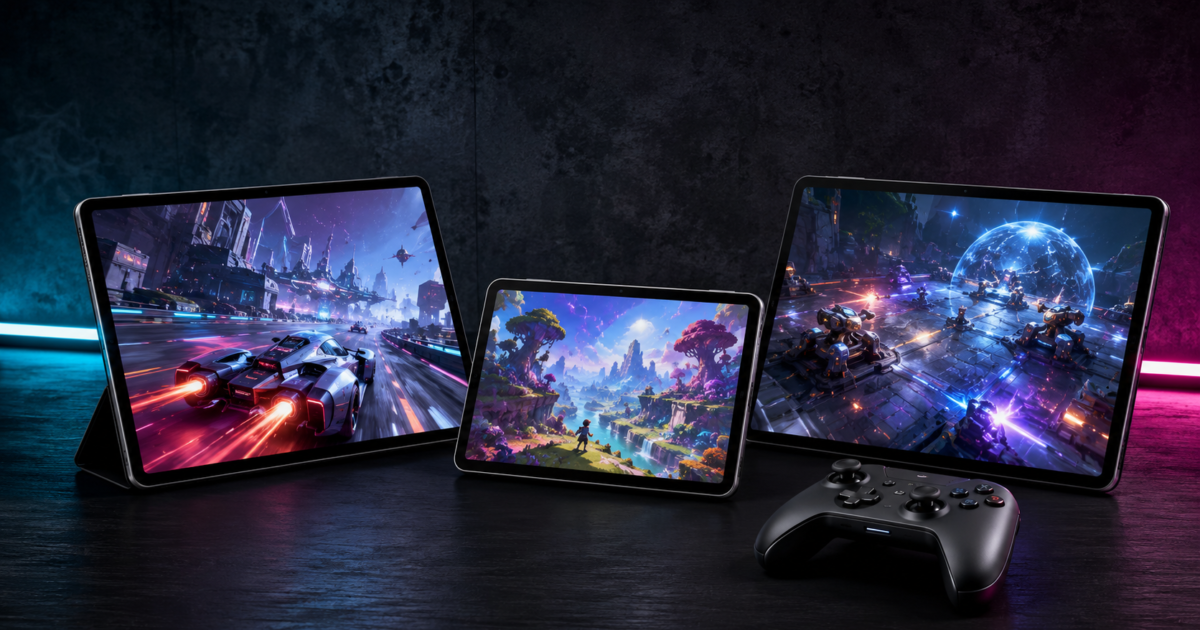 Três dos melhores tablets para jogos em 2026 acompanhados de controles sem fio.