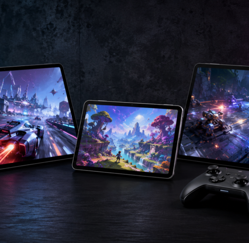 Três dos melhores tablets para jogos em 2026 acompanhados de controles sem fio.