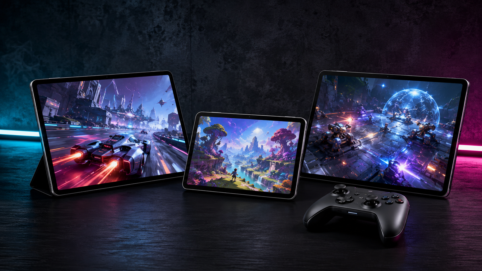 Três dos melhores tablets para jogos em 2026 acompanhados de controles sem fio.