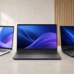 Imagem principal do artigo, três notebooks em cima da mesa
