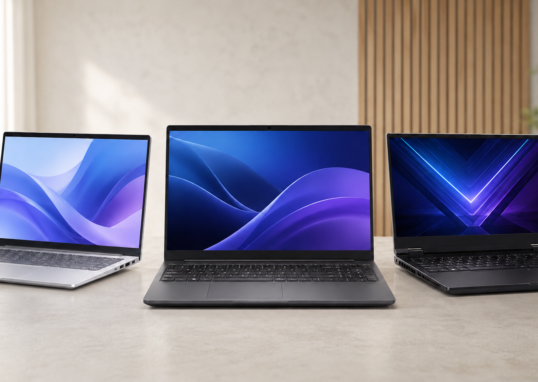 Imagem principal do artigo, três notebooks em cima da mesa