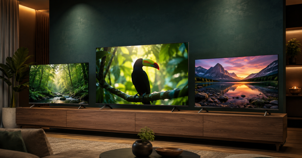 Imagem principal do artigo, três TVs em cima da mesa