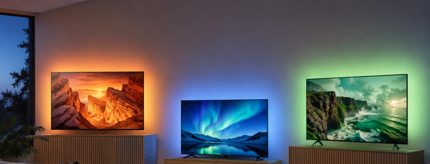 Imagem principal do artigo, três TVs em cima da mesa