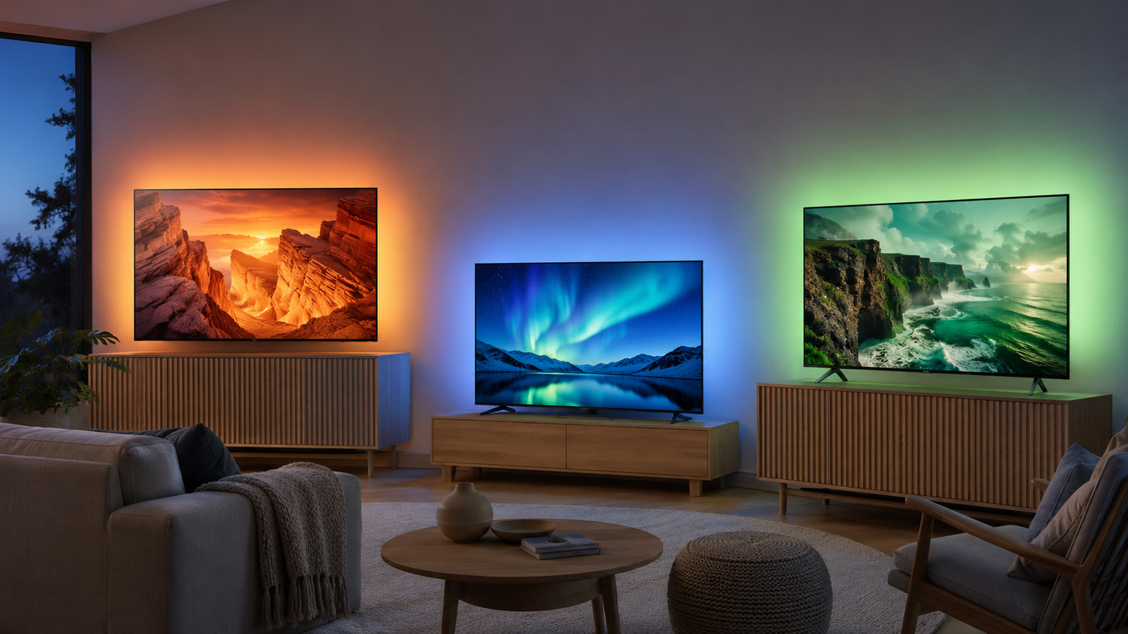Imagem principal do artigo, três TVs em cima da mesa