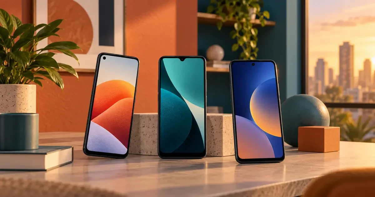 Três smartphones representando os melhores celulares até R$ 1.500 em 2026.