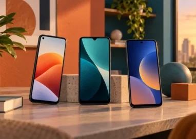 Três smartphones representando os melhores celulares até R$ 1.500 em 2026.