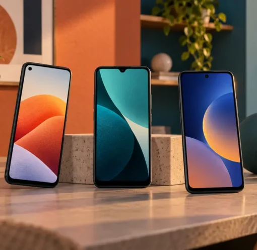 Três smartphones representando os melhores celulares até R$ 1.500 em 2026.