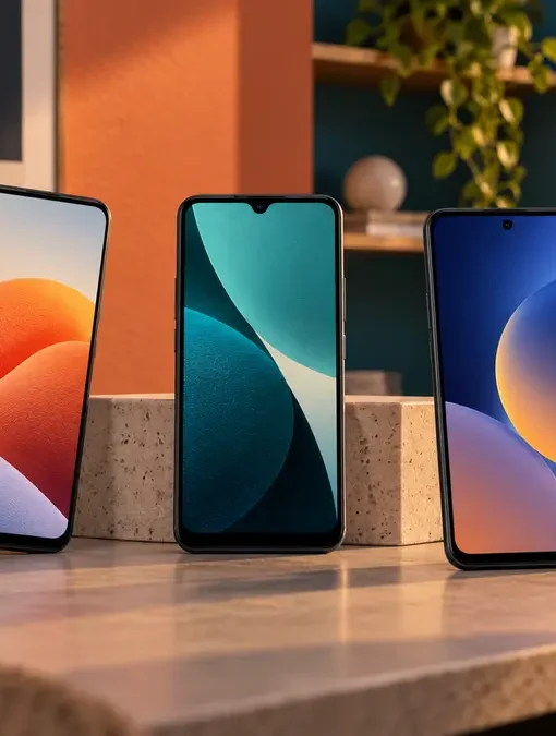 Três smartphones representando os melhores celulares até R$ 1.500 em 2026.