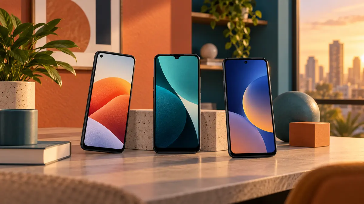 Três smartphones representando os melhores celulares até R$ 1.500 em 2026.
