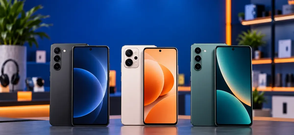 Três smartphones representando os melhores celulares até R$ 2.000 em 2026.