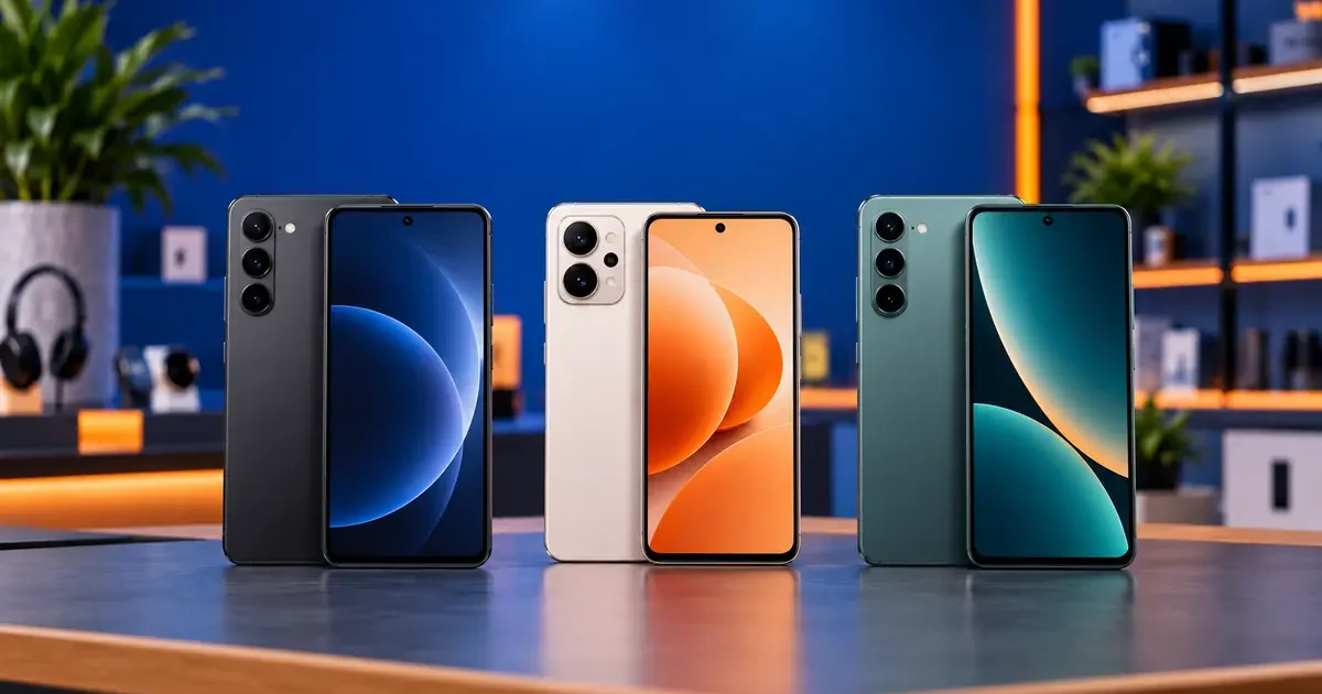 Três smartphones representando os melhores celulares até R$ 2.000 em 2026.