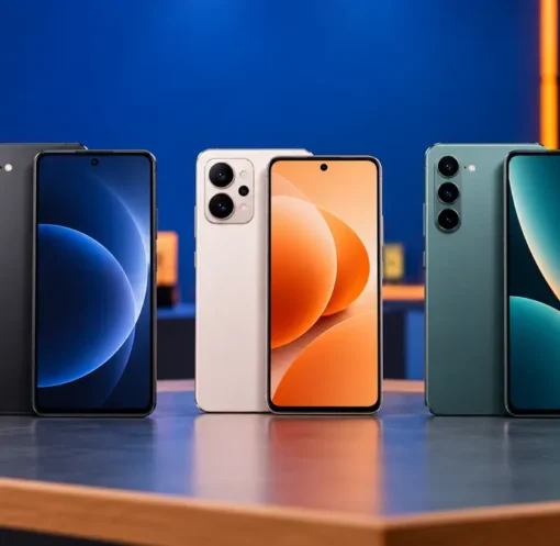 Três smartphones representando os melhores celulares até R$ 2.000 em 2026.