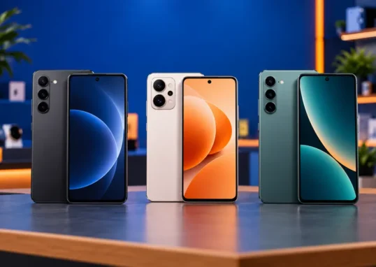 Três smartphones representando os melhores celulares até R$ 2.000 em 2026.