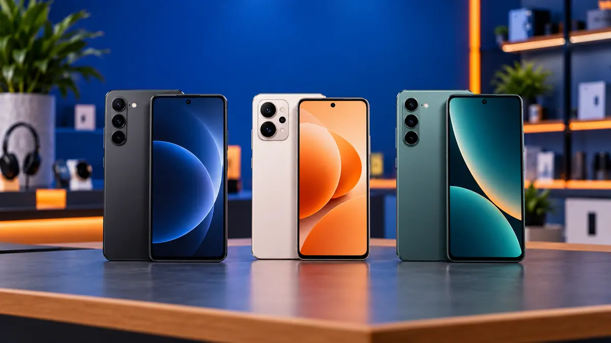 Três smartphones representando os melhores celulares até R$ 2.000 em 2026.