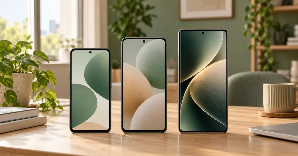 Três smartphones de diferentes faixas representando os melhores celulares custo-benefício de 2026.