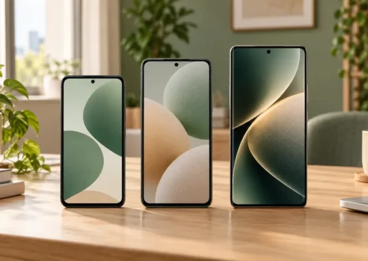 Três smartphones de diferentes faixas representando os melhores celulares custo-benefício de 2026.