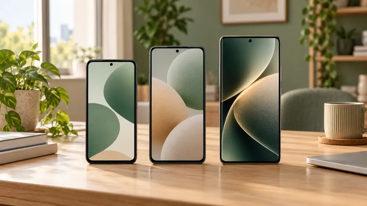 Três smartphones de diferentes faixas representando os melhores celulares custo-benefício de 2026.
